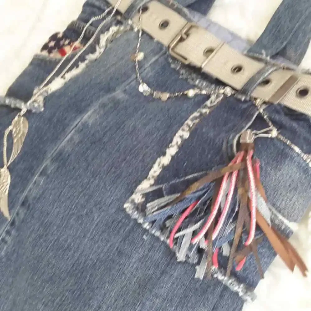 PATRIOTIC Denim Tote BEACH BAG w SILVER Chains Fancy‎ Tassel Travel Weekend